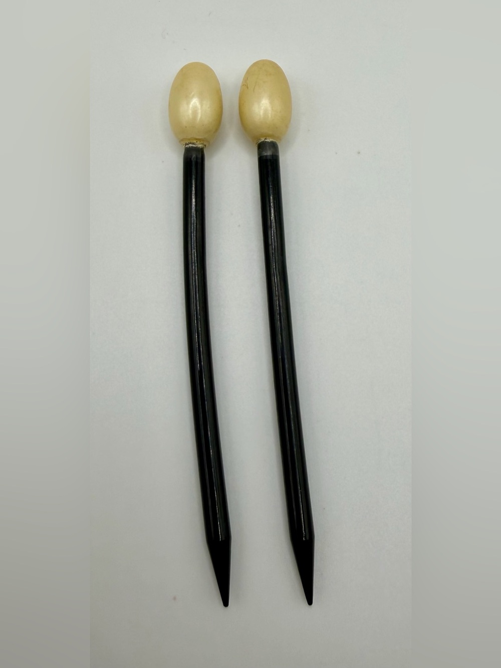 2 Vtg Art Deco Hair Stick French Black Celluloid Faux Pearl Ball Top Bun Pin Lot